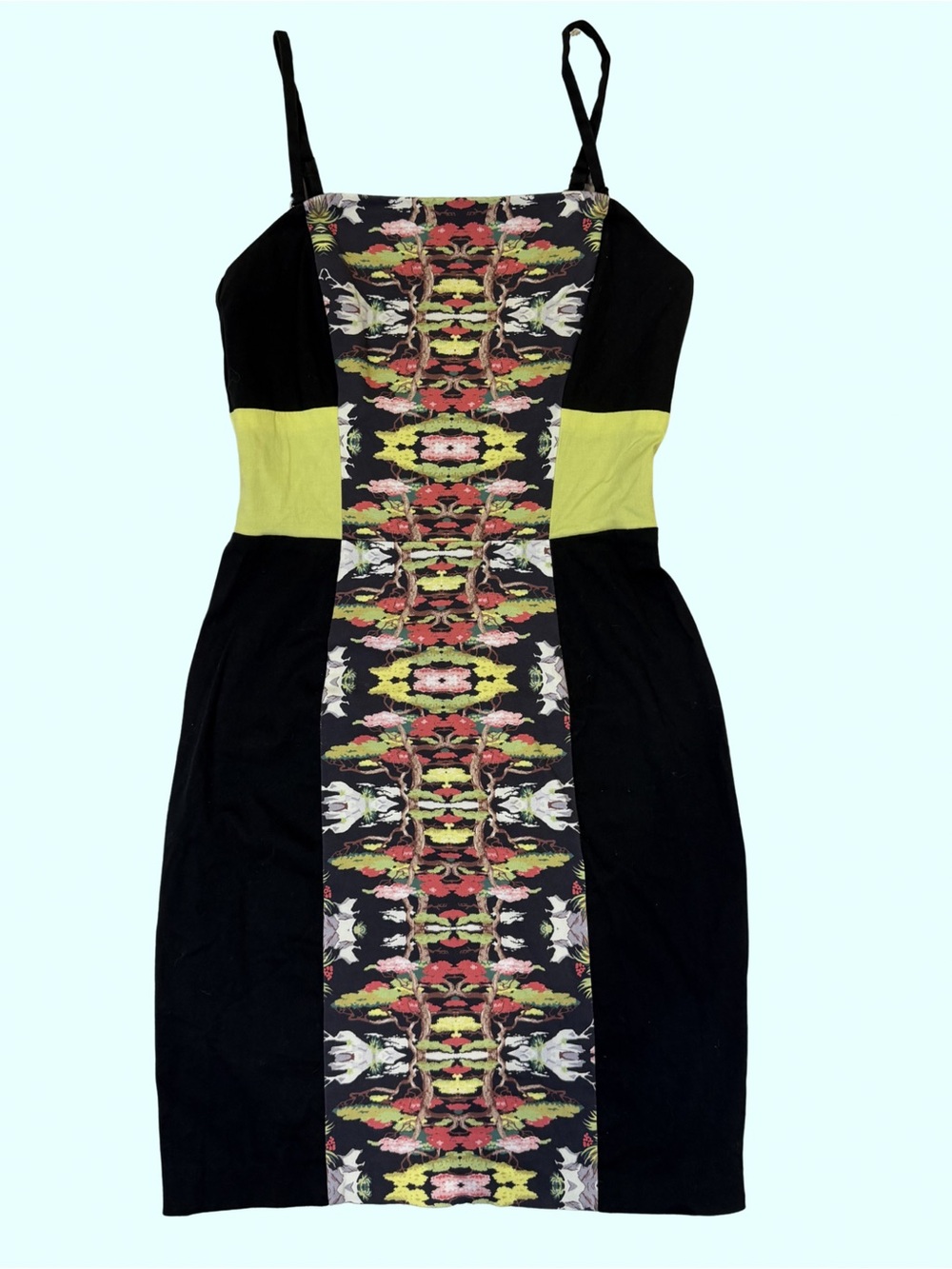 French Connection Black Dress with Lime Accents and Floral Center Panel